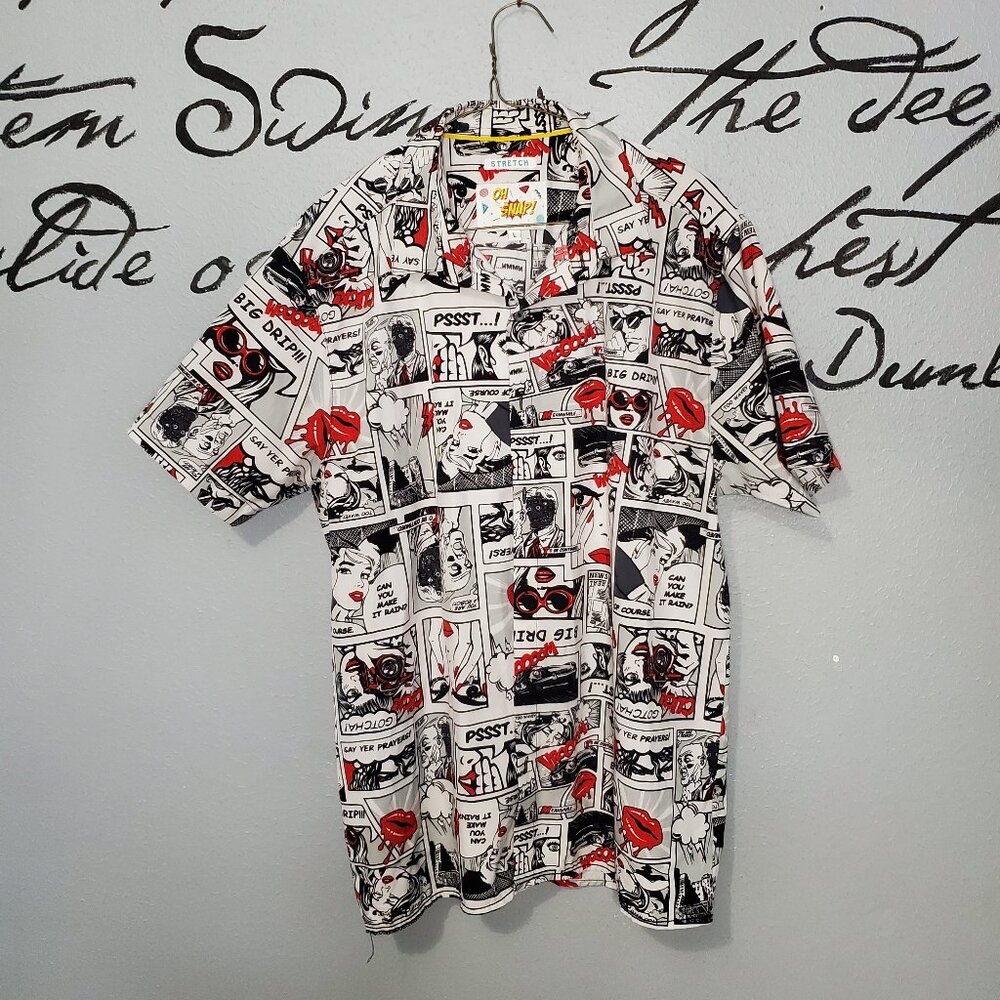 Oh Snap!  Pop Art Comic Strip Shirt Short Sleeve Stretch, Black, White, L